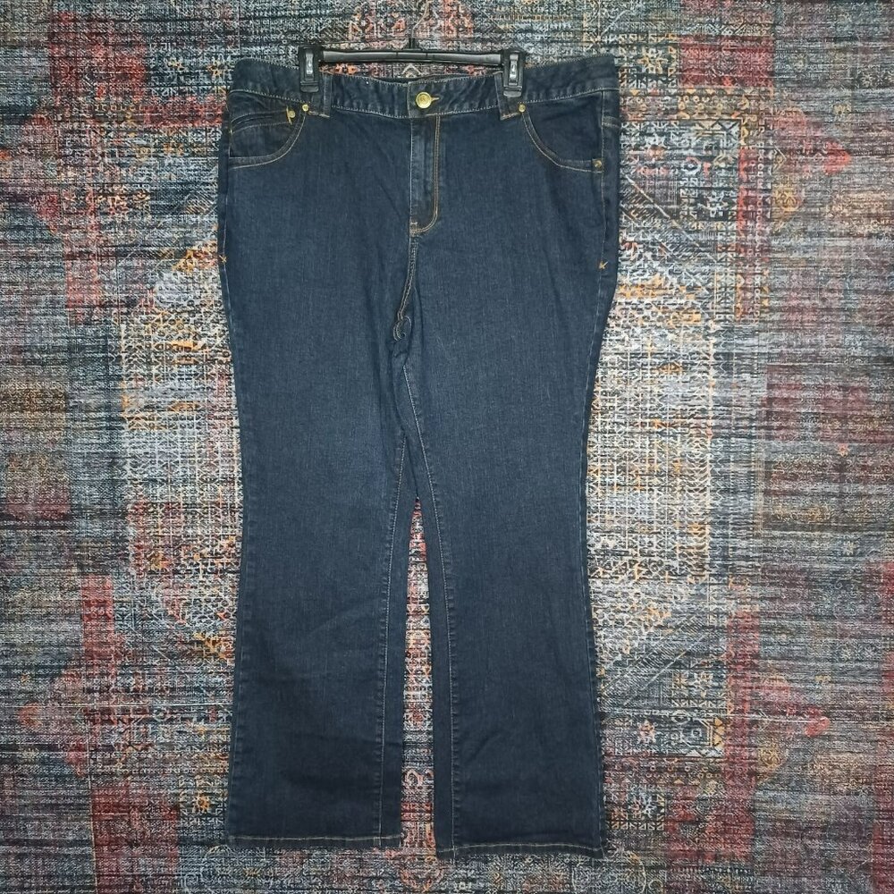 lane Bryant womens dark distressed Genius Fit stretch slim boot jeans 26x32 EUC